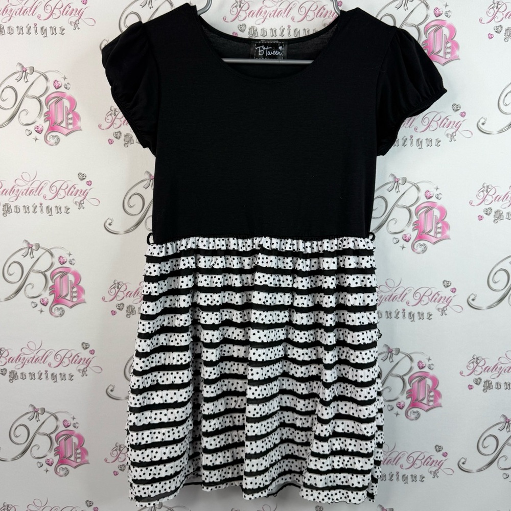 Btween top T-shirt or mini dress ruffle polka dot Elegant Black white tiered